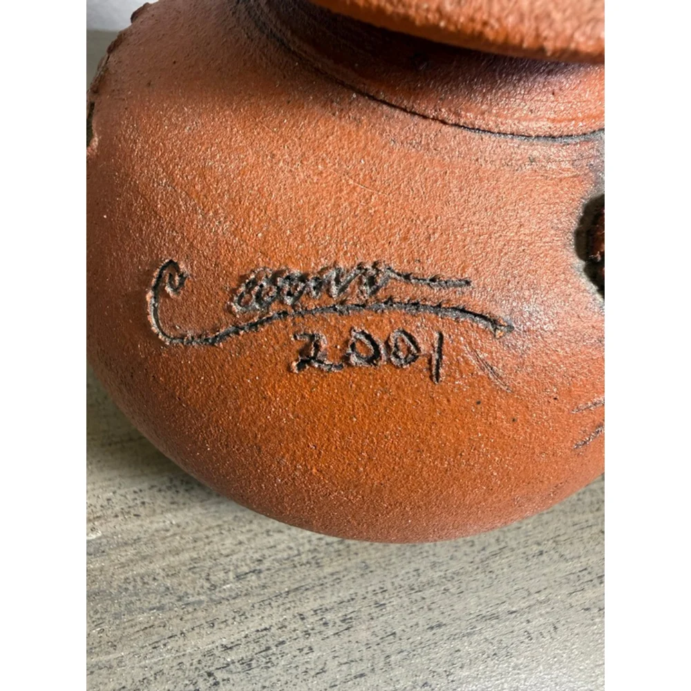 Signed Studio Pottery Oil Lamp 2001 Handmade Terracotta Floral – Decorative Only